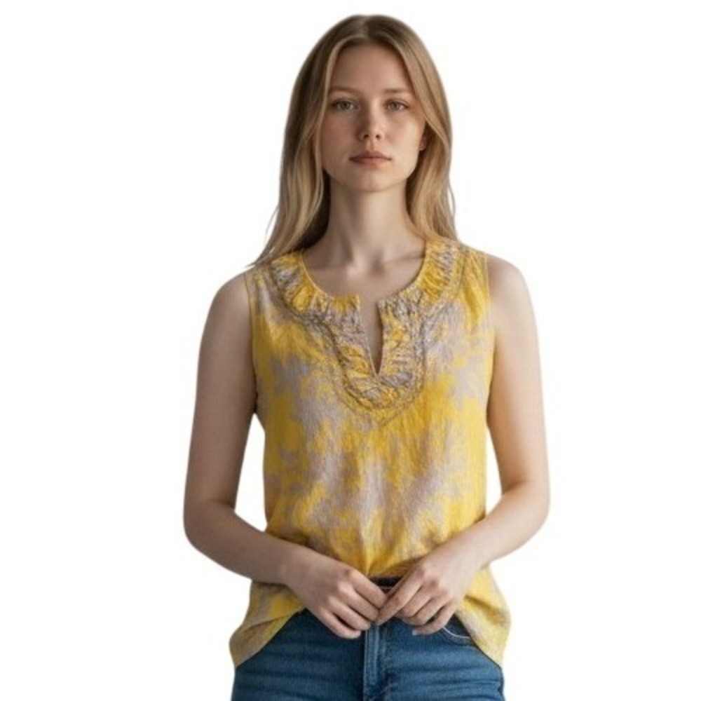 EDDIE BAUER Silk Cotton Blend Sleeveless Split Neck Blouse Small Yellow Cream